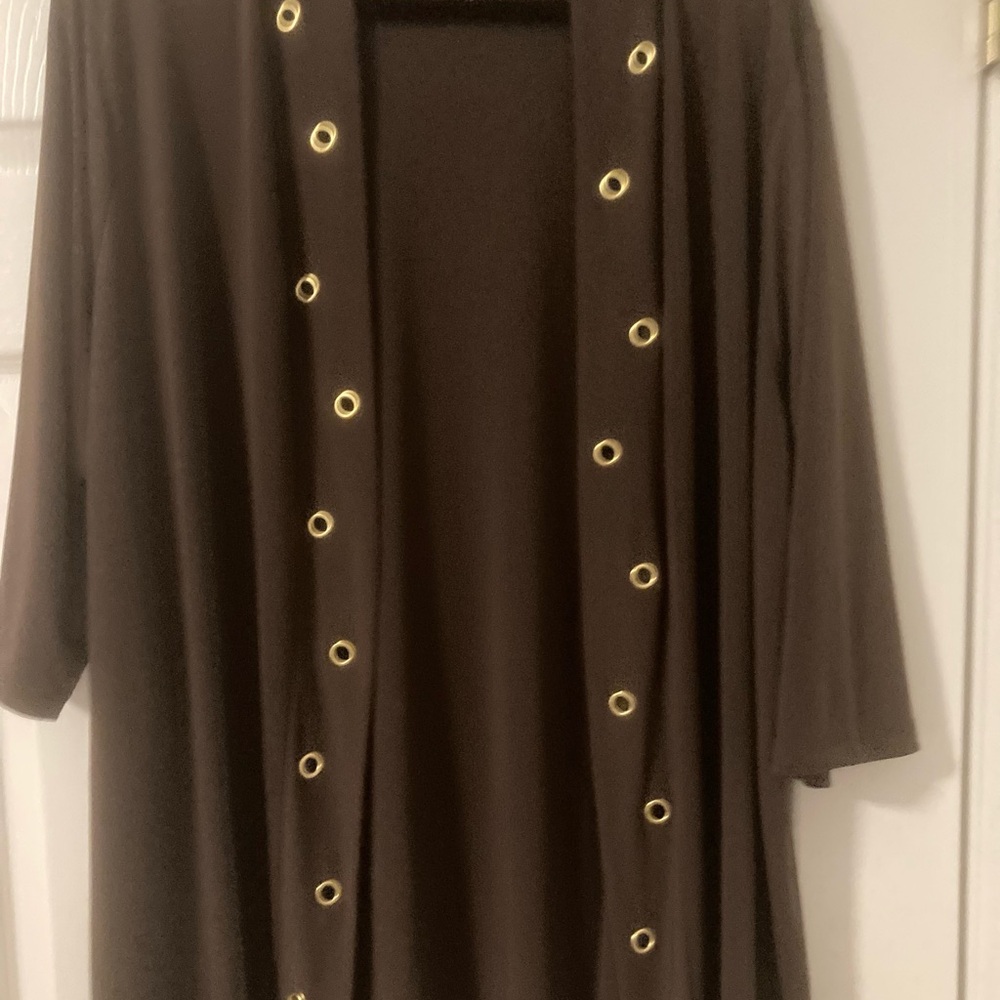 Cardigan by QVC Kim Gravel.  Brown,   size 3X.  Beautiful gold embellishments.